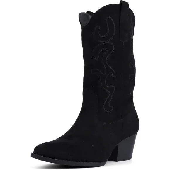 Women Black Suede Mid Calf Chunky Block Heel Western Embroidered Cowgirl Boot - Picture 1 of 7